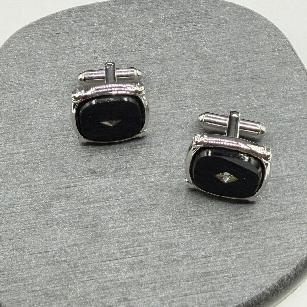 Black Stone Cufflinks Silver Tone Square Rhinestone Formal Wedding Gift for Him